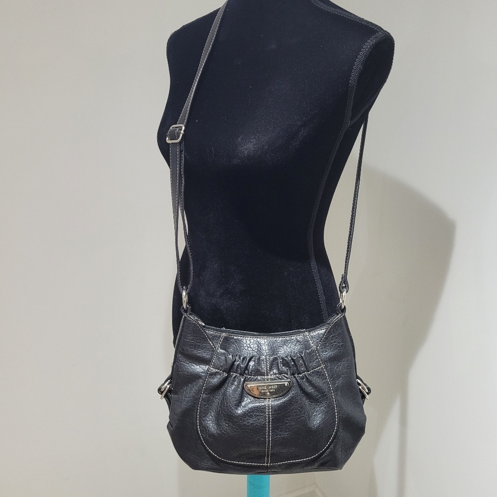 Nine West Women's Vintage Vegan Leather Crossbody Bag Purse Black Silver Zipper